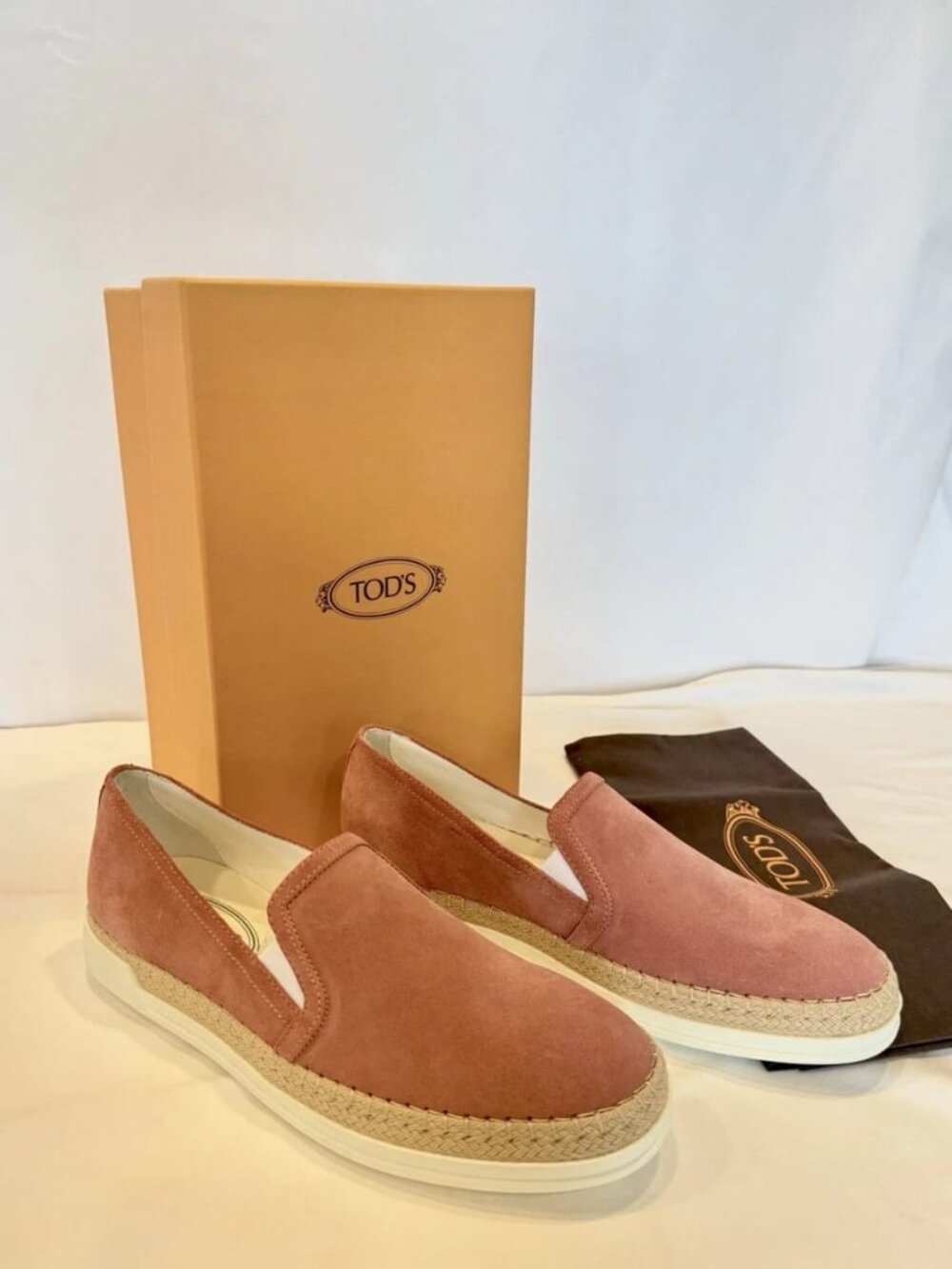 Authentic Tod’s Men Slip On Raffia Loafers In Dusty Salmon Pink Size 39.5 W Box